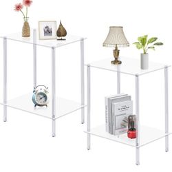 Acrylic Glass Side Tables with 2 Shelve, End Table Set of 2, Nightstands for Tight Spaces, 2-Tier Tempered Glass Bedside Table for Office, Bedroom, Li