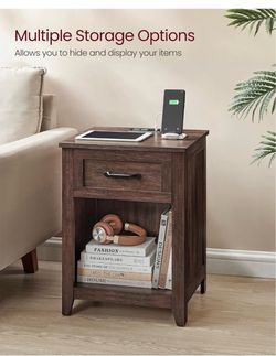 Farmhouse Nightstand with Charging Station, 1 Drawer Bedside Table, Side Table with Open Compartment, for Bedroom, Maroon, LIRY Collection ULET659K51