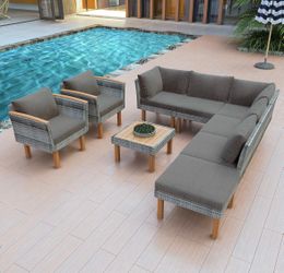Assembled New 9-Piece Patio Rattan Furniture Set Acacia Wood Legs PE Rattan Coffee Table 72" W Gray