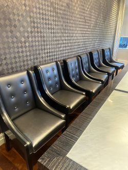 Mixed material Wood and vegan leather custom made dining room chairs - 18 available