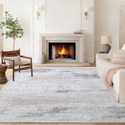 9x12 HUGE Non-Slip Machine Washable Modern Area Rug, Ombre Tonal Gray/Camel, NEW