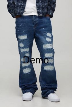 boohooMAN Straight Flared Stacked Stitch Ripped Detail Jeans (32R)