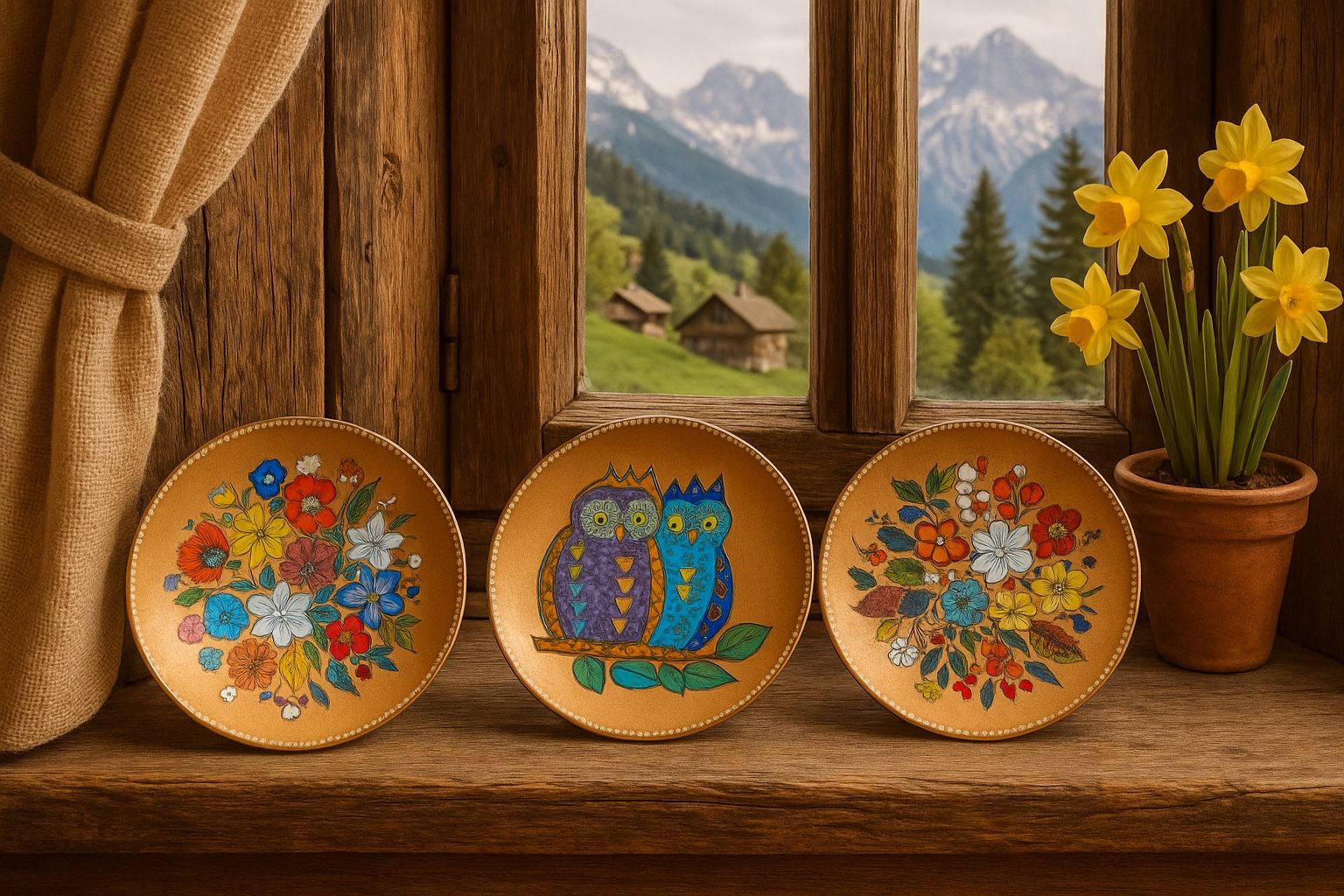 Brimmer-Email Austria 1960s 3 Enamel Trinket Dishes Owls Flowers Gold Tone, 6x1”