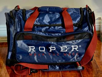 NEW ROPER GYM BAG, NEVER USED with Shoulder Strap & Handles; Top, Front & Side Secure Zippers. 22"x12"x11". Looks Sharp! Navy w/Burgundy Accents.