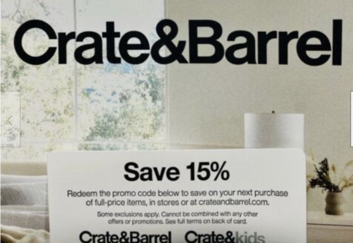 Crate & Barrel 15% OFF coupon valid by 9/30/2022