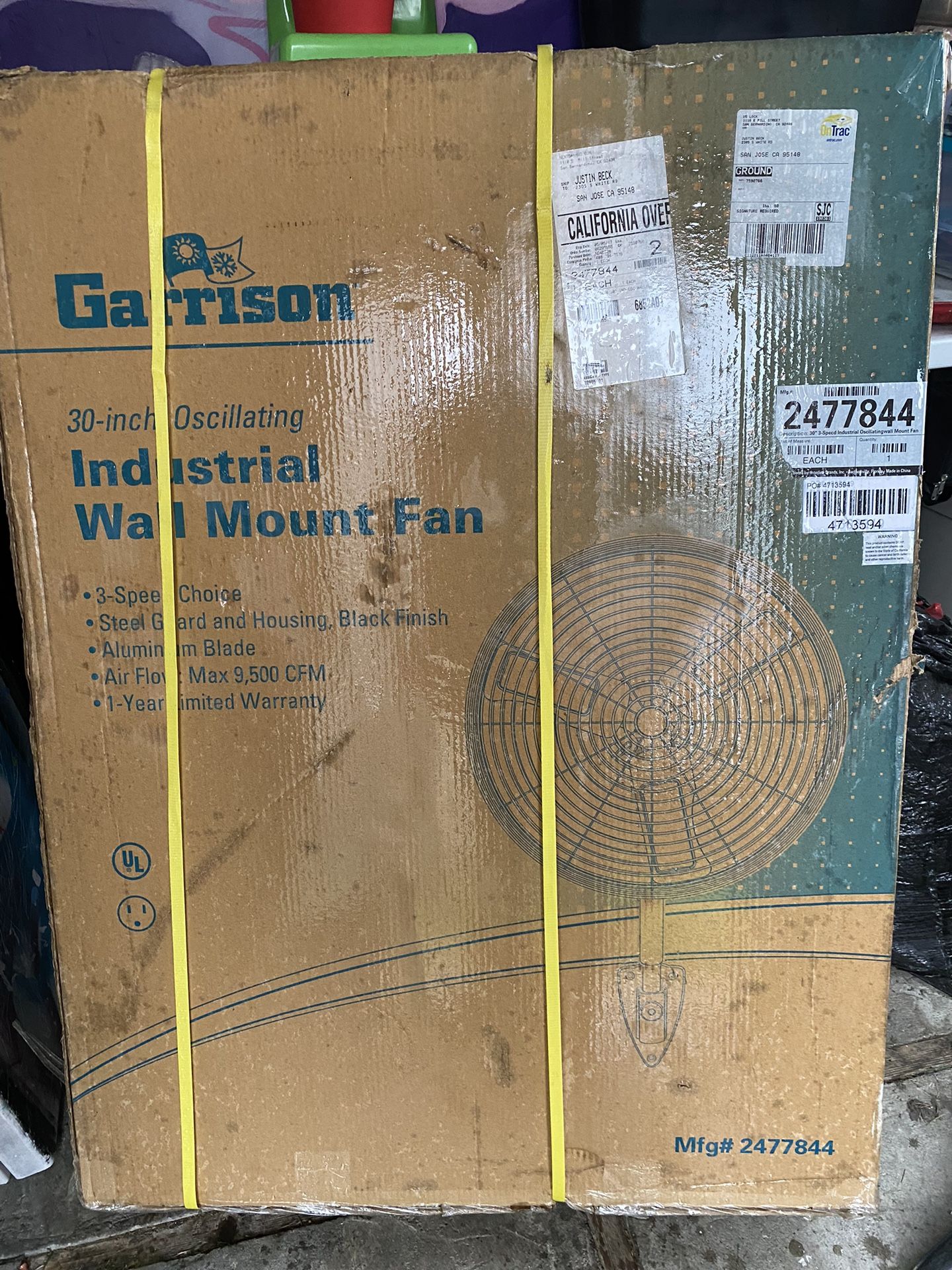 Garrison Industrial Wall Mount Fan 30” Oscillating 3 Speed