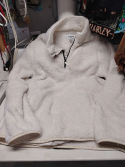 Goodfellow & Co white sherpa fleece quarter-zip pullover featuring black zipper trim.