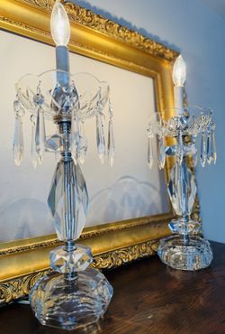 Vintage Antique Set Crystal Prism Accent Tall Table Lamps