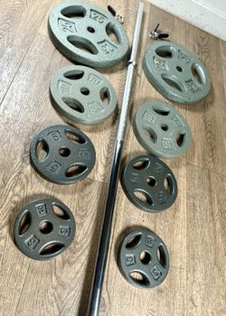 NEW CONDITION: 6 ft Steel Standard Barbell With CAP Weight Plates: 25s, 10s, 5s & 3s ( Total: 106 lbs)