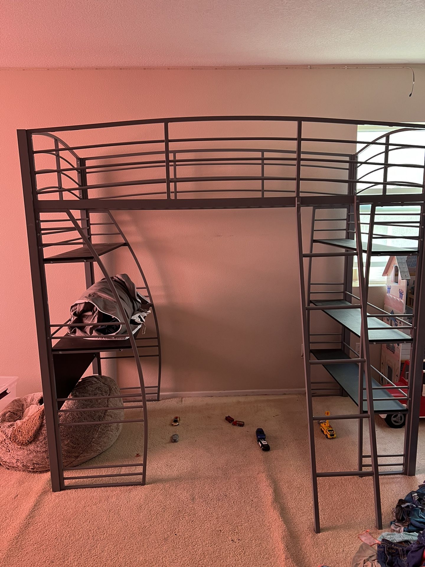 REPOST - Grey Twin Loft Bed w/Desk and Black Shelves 