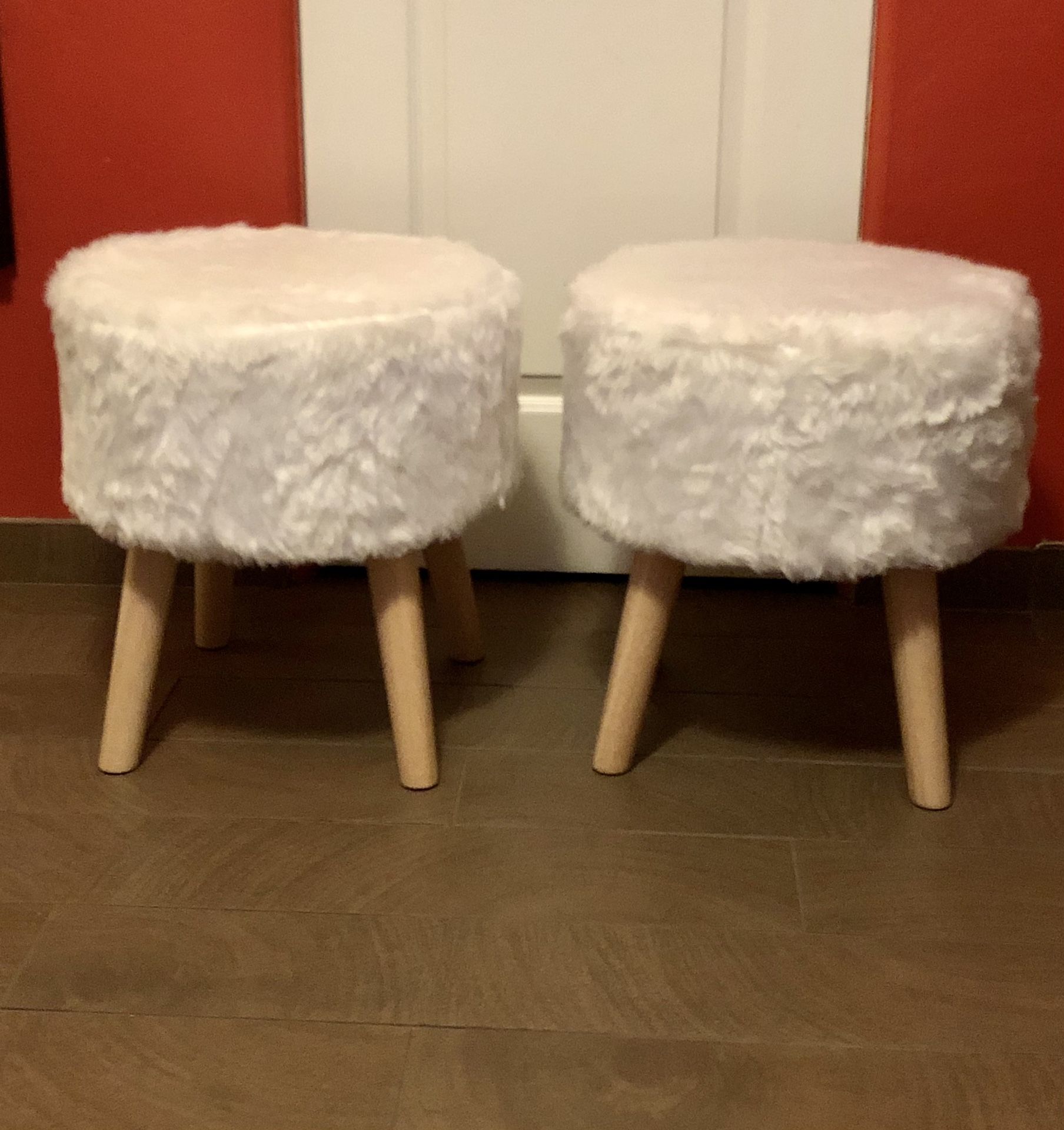 Padded Stool With Wooden Legs, White Faux Fur. Price Is For Each One