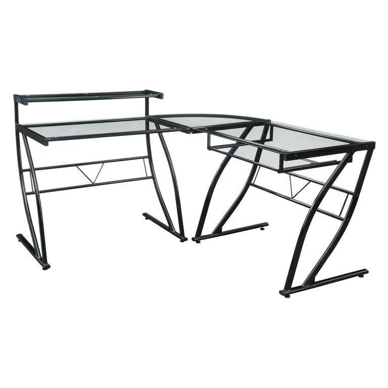 Belaire L-shaped Computer Office Desk - Glossy Black With Tempered Glass Desktop