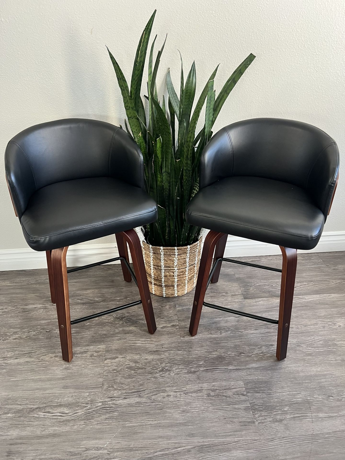 Swivel Bar Stools Set of 2, 26" Mid Century Modern Counter Height Stools, Faux Leather Barstools with Bentwood Back for Kitchen Island Home Bar Cafe (