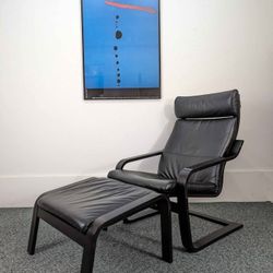 IKEA Poang Black on Black Leather Lounge Chair & Ottoman