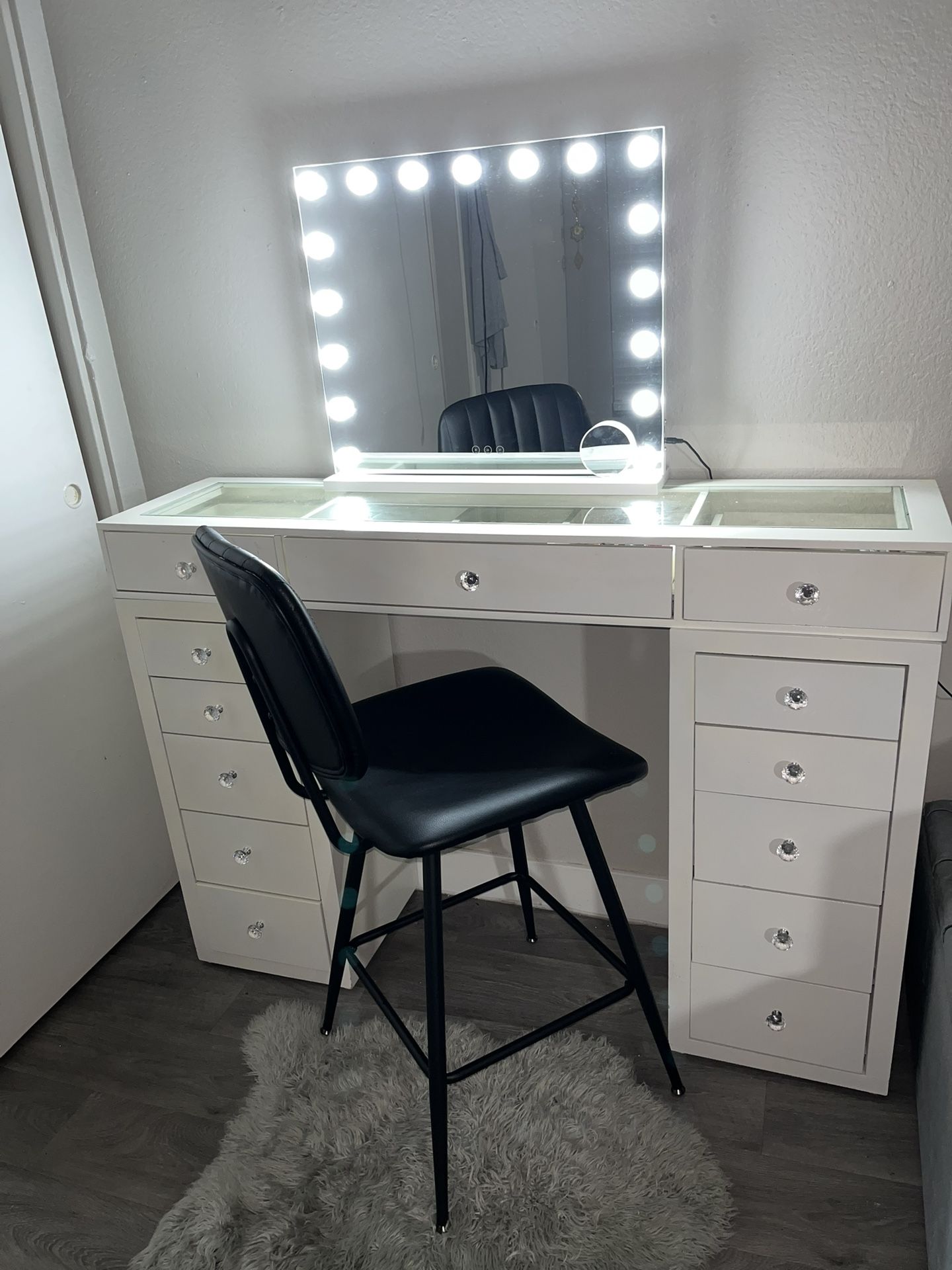 Stunning White Makeup Vanity with Dimmable Lighted Mirror OBO