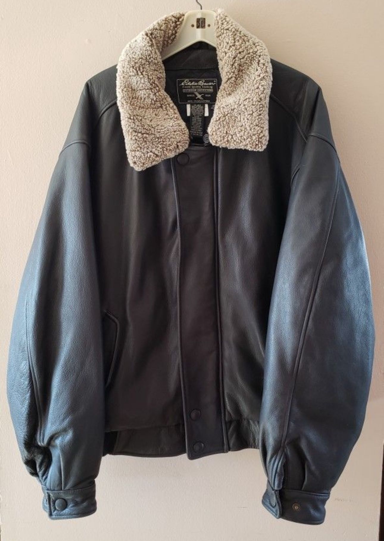 Eddie Bauer Black Leather Bomber With Removable Lamb Fur Collar Size XXL/XXG 🔴READ DESCRIPTION BELOW●