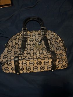 Michael Kors Grayson Satchel Beige/Black MK Monogram Canvas Leather Zip Medium