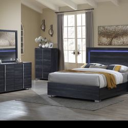 Brand New Wood Style LED Queen Bedroom Set 