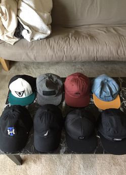 Assorted hats, supreme-stussy-RVCA-Vissla-primitive-huf-nautica-tommy hilfiger-