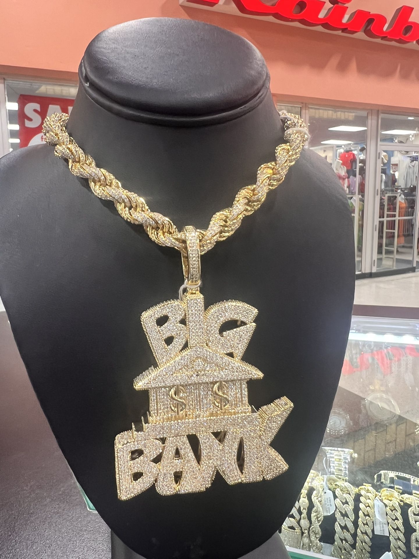 Big Bank Pendant with Fully Iced Rope Chain
