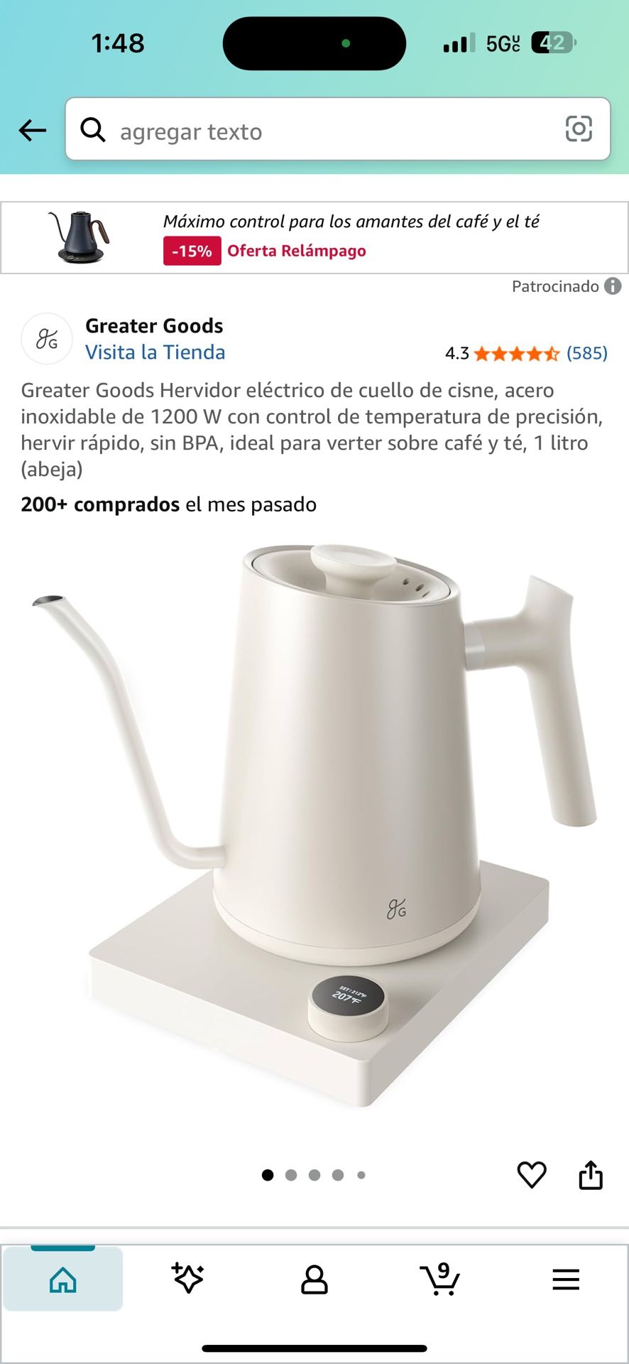 Greater Goods Hervidor eléctrico de cuello de cisne, acero inoxidable de 1200 W con control de temperatura de precisión, hervir rápido, sin BPA, ideal