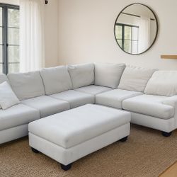 Gray Living Spaces Sectional Sofa w/ Oversized Ottoman – Modern Gray Couch Set – Deep Seating