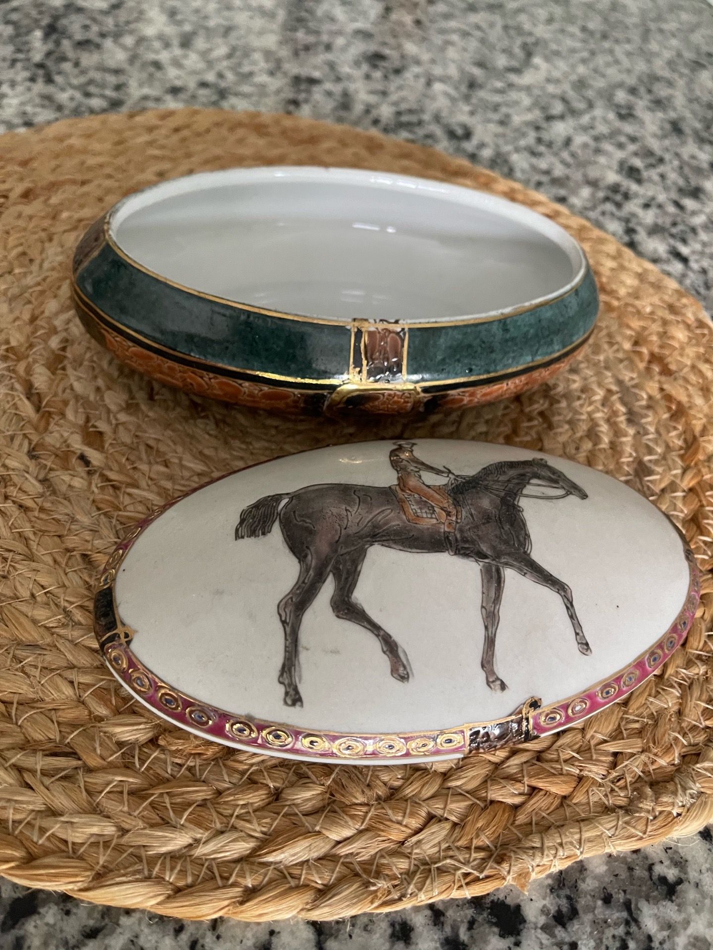 Vintage Porcleain Equestrian Hand Painted Trinket Box