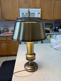 Vintage Brass Tole Lamp and Shade with Double Pull Chain, Mid Century