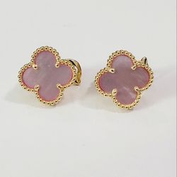 Van 18k Gold Logjt Pink Pearls Women's  Studs Earrings Gift 
