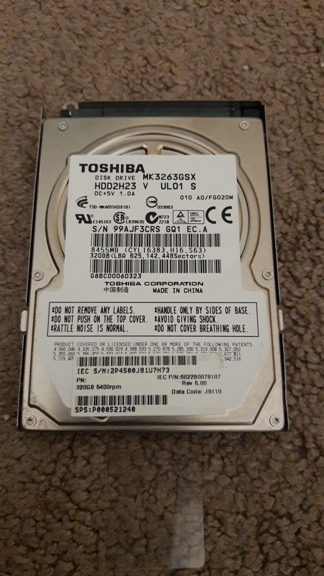 Toshiba 320 Gb internal laptop hard drive