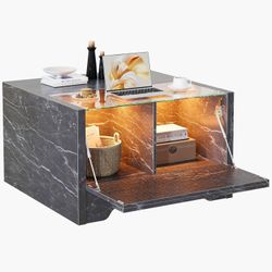 31.5 inch Farmhouse Coffee Table with Storage, LED Square Coffee Table, Wood Center Table with Hidden Storage for Living Room, Rustic Side Opening Coc