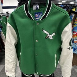 NFL Philadelphia Eagles Kelly Green Leather Wool Bomber Varsity Jacket Sz M & L