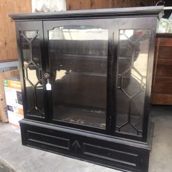 Antique Wood Cabinet With Glass On Doors And Drawer 