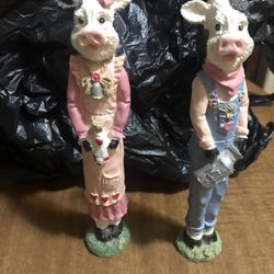 Two Vintage Cow  Pigs  Candlestick Knick Nacs 