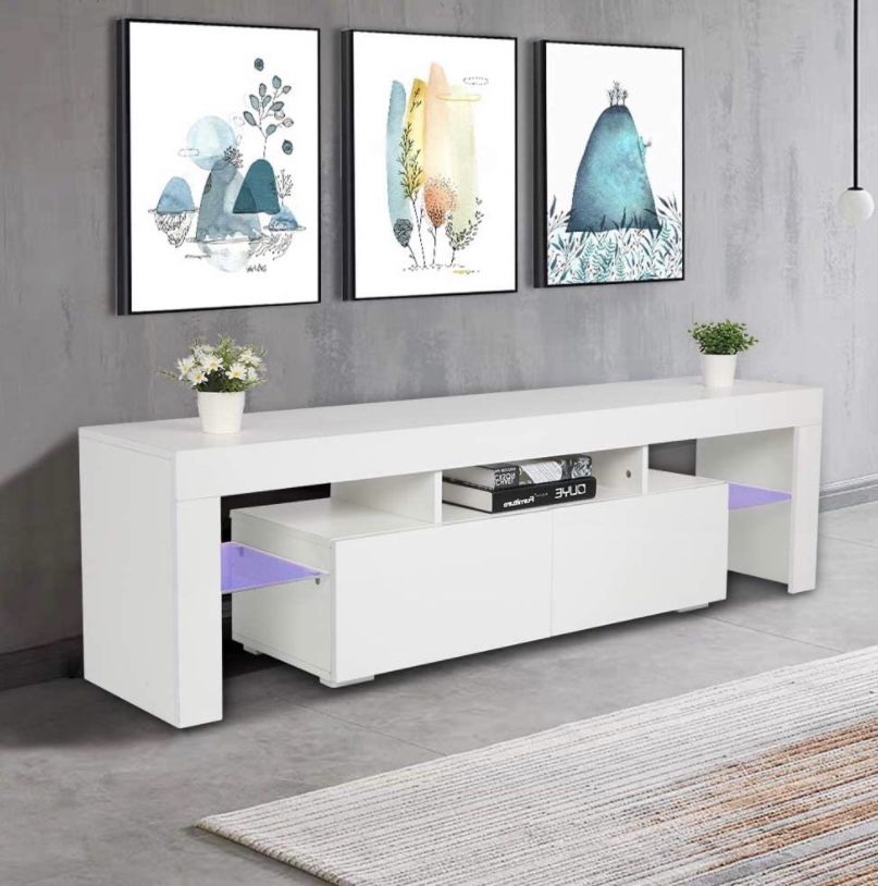 New 63” White TV Stand With LED light - Entertainment Center - TV Cabinet with Storage