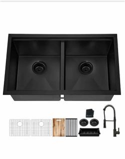 Glacier Bay 33 in. Undermount Double Bowl 18 Gauge Black Stainless Steel Workstation Kitchen Sink with Black Spring Neck Faucet
