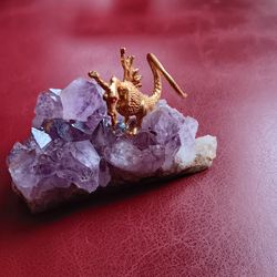 Golden Metallic Dragon On Amethyst Crystal Rock