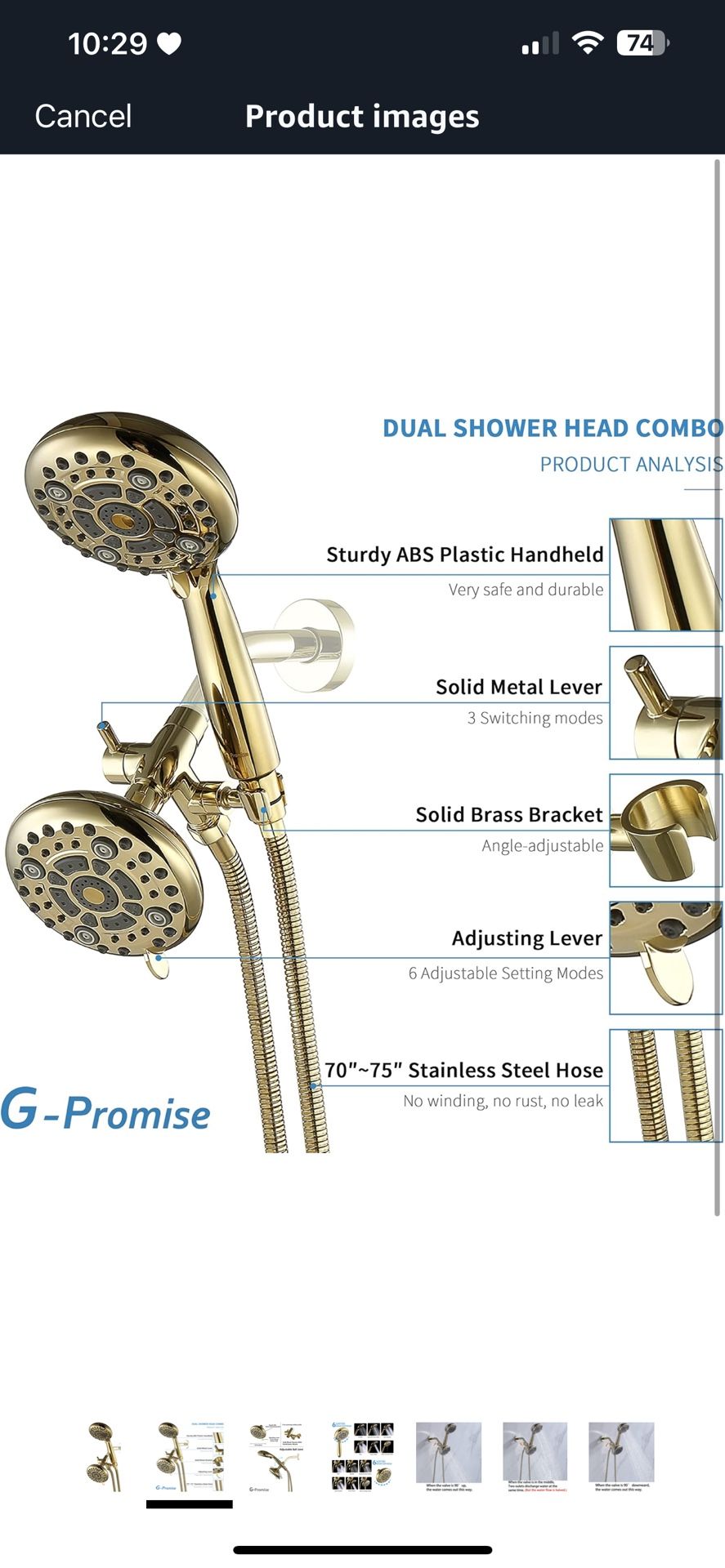G-Promise High Pressure Dual Shower Head Combo, 72 Inches Flexible Stainless Steel Hose, 3-Way Solid Brass Diverter Bracket (Polished Brass)