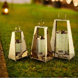 ANRUST Decorative Lanterns for Indoor and Outdoor Parties Set/3 Gold Stainless Steel/Glass NEW