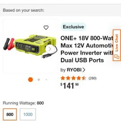  Ryobi 800w Power Inverter  / 18volt Battery Or Car 12v