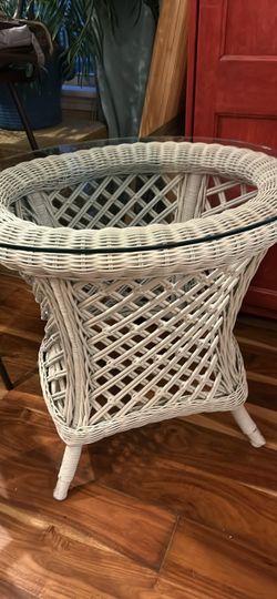 White Wicker Side Table with Glass Top