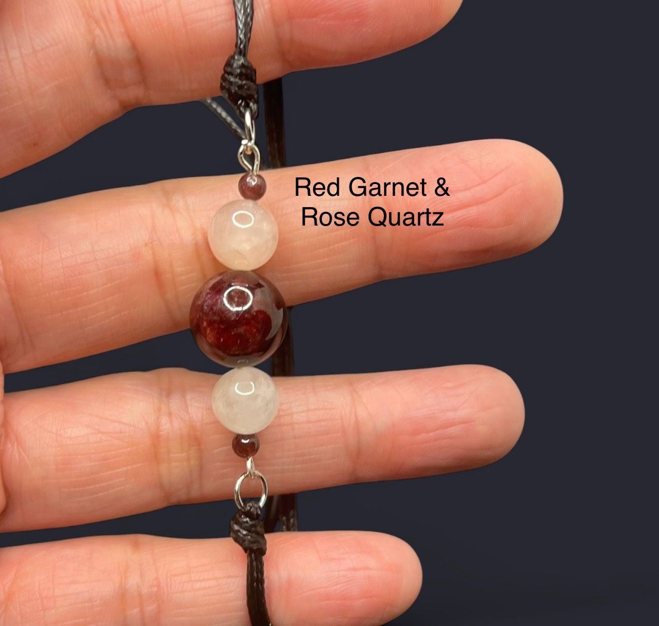 Red Garnet & Rose Quartz Genuine Stone Adjustable Wax Cord Bracelet