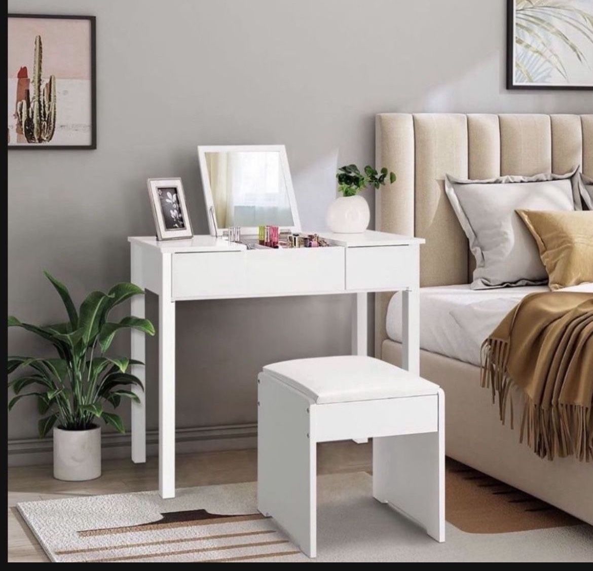 LDAILY Vanity Table Set w/Flip Top Mirror, 2-in-1 Table with Cushioned Stool & 2 Drawers