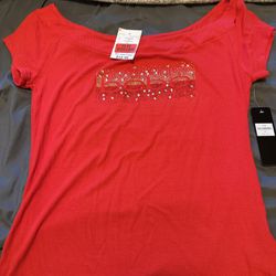 New with tag cute womens XL Bebe red short sleeve top with logo in rhinestones. 