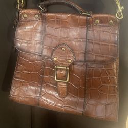 Fossil Brown Croc Embossed Dark Academia Medium Sized Satchel Crossbody Purse
