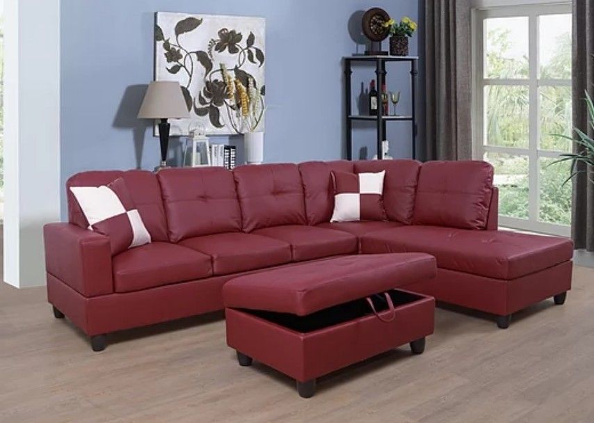 Brand New Red Leather Sectional With Storage Ottoman & 2 Decorative Pillows