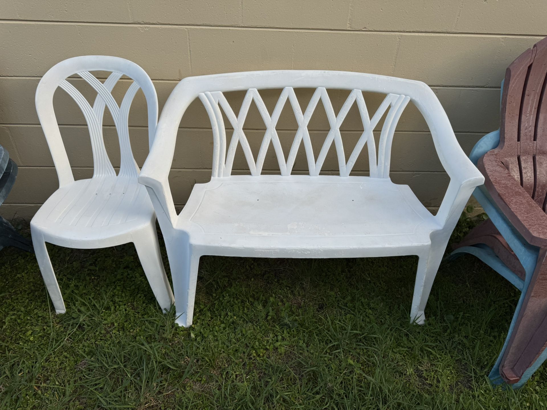 Heavy Plastic Patio Loveseat, And Side Chair wear due to age, but great functionality
