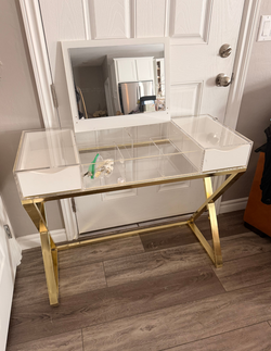 Acrylic + Gold Makeup Vanity Desk with Mirror – White Drawers