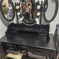 CHARMAID Vanity Set with Tri-Folding Mirror and Cushioned Stool