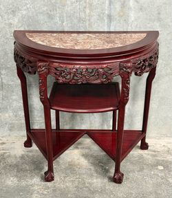 Vintage Chinese Carved Demilune Console Table Marble Top Dragon Motif